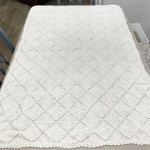 Vintage Ecru Crocheted Popcorn Stitch Table/Bed Cover 40x60" Heritage Farmhouse